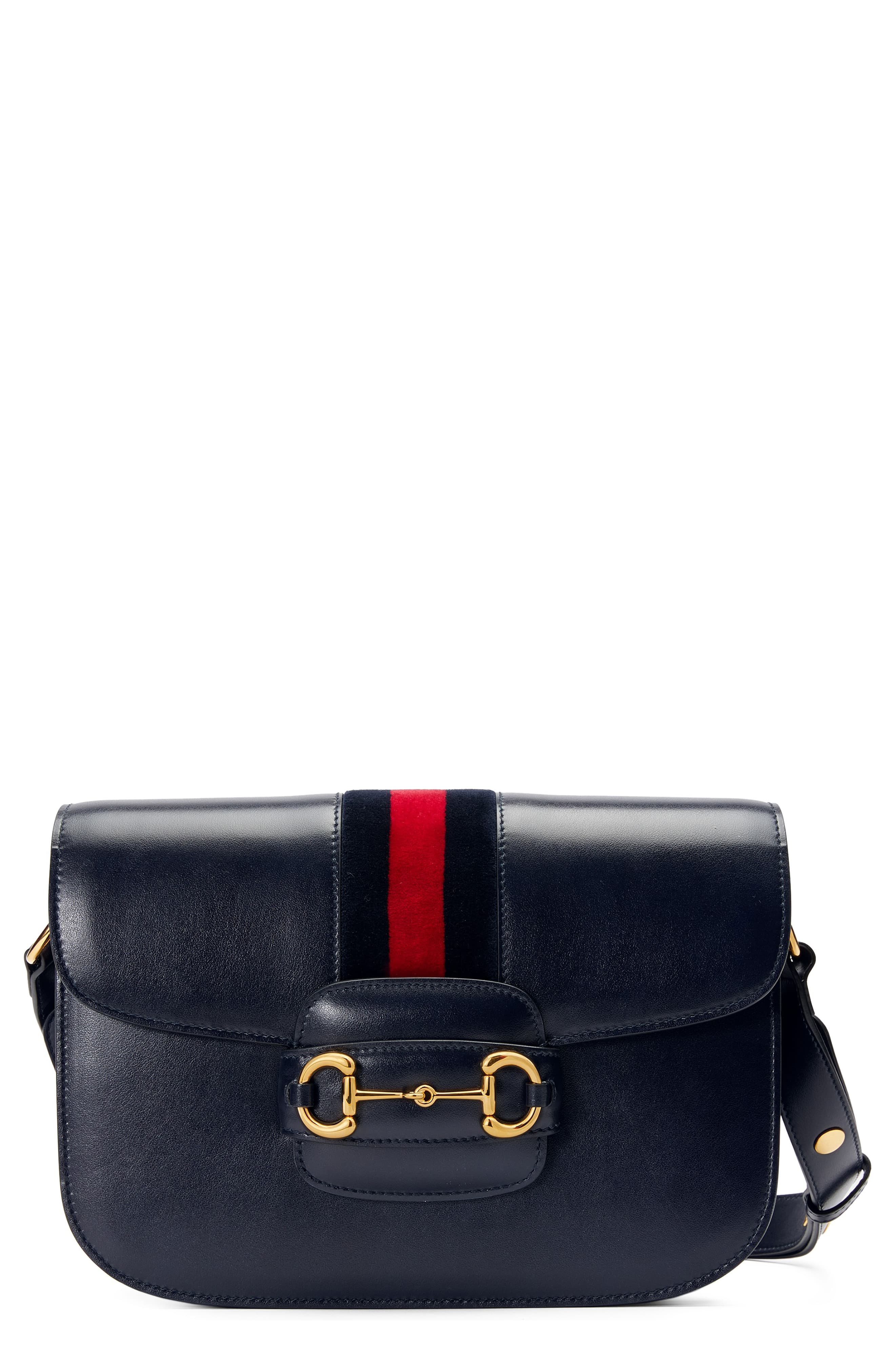 GUCCI Small 1955 Horsebit Leather Shoulder Bag, Main, color, BLU/ BLUE RED