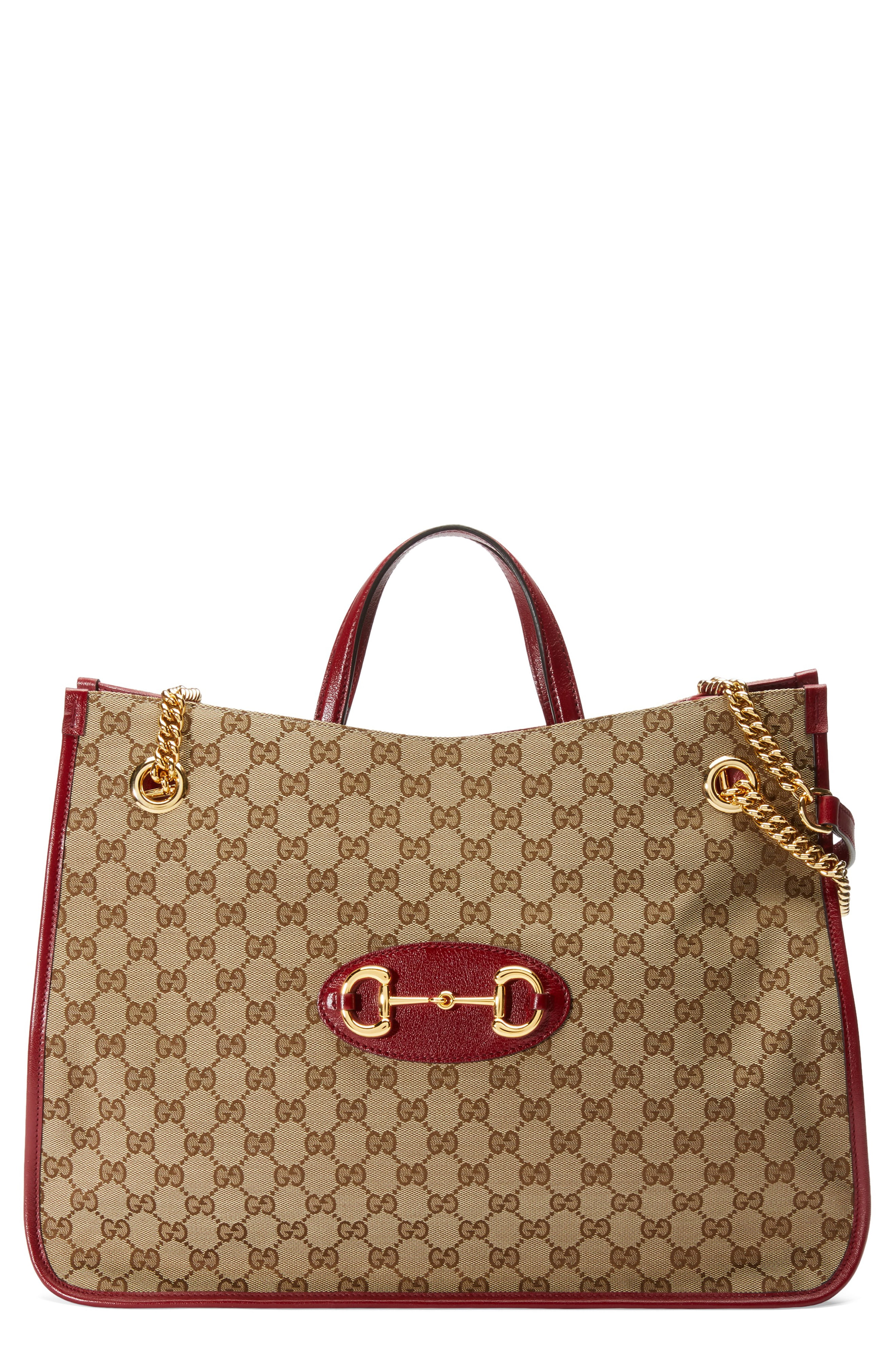 GUCCI Large 1955 Horsebit Original GG Canvas Convertible Tote, Main, color, BEIGE EBONY/ NEW CHERRY RED