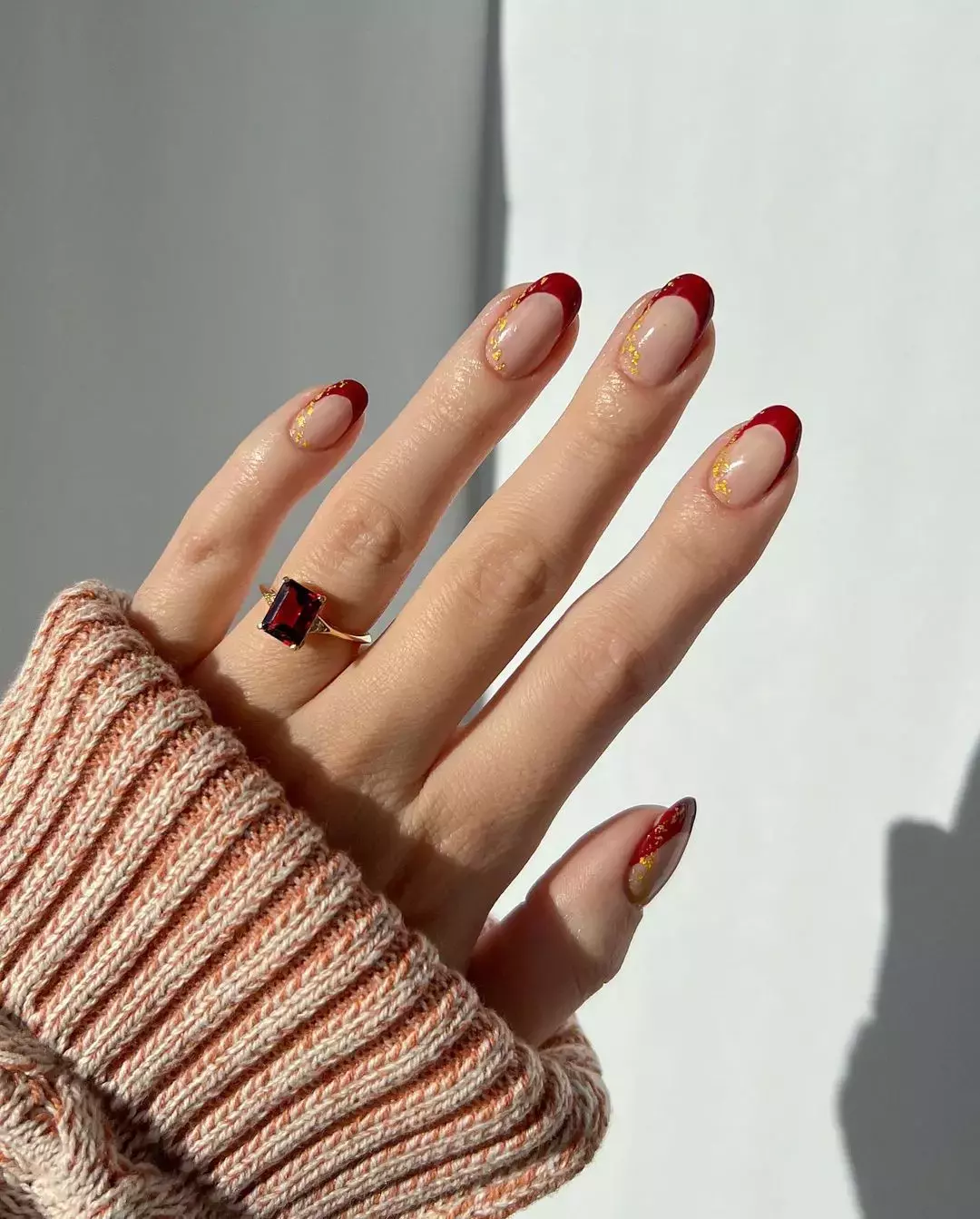 Red And Gold French Tips For Thanksgiving