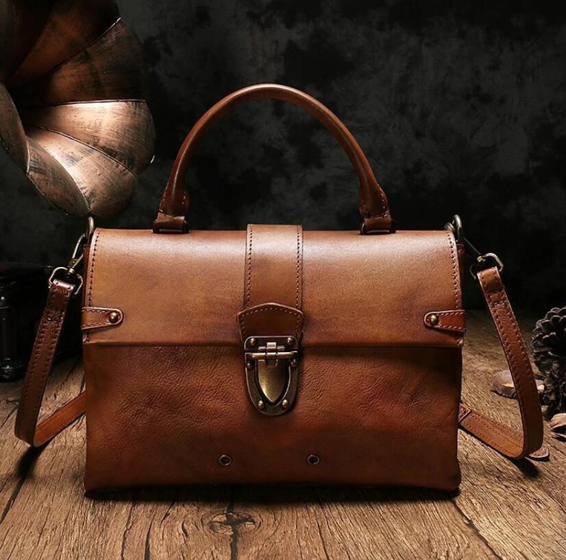 Vintage Womens Brown Leather Satchel Handbags Purse Shoulder Crossbody Bags for Ladies