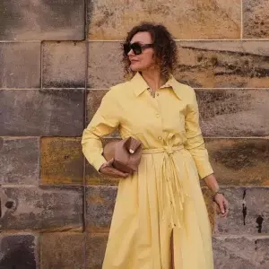 Yellow Shirtdress Tan Bag Tan Heels Sunglasses